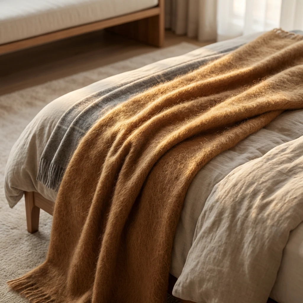 Plaid en laine mohair marron sur lit
