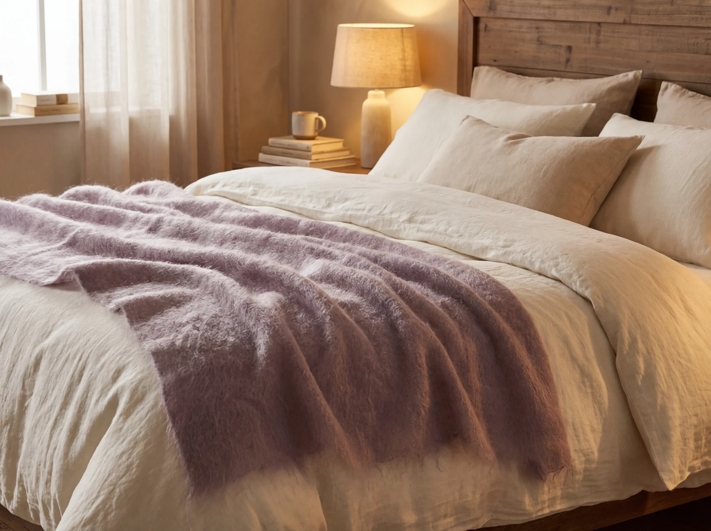 Le linge de lit et le plaid en mohair pour une chambre cocooning