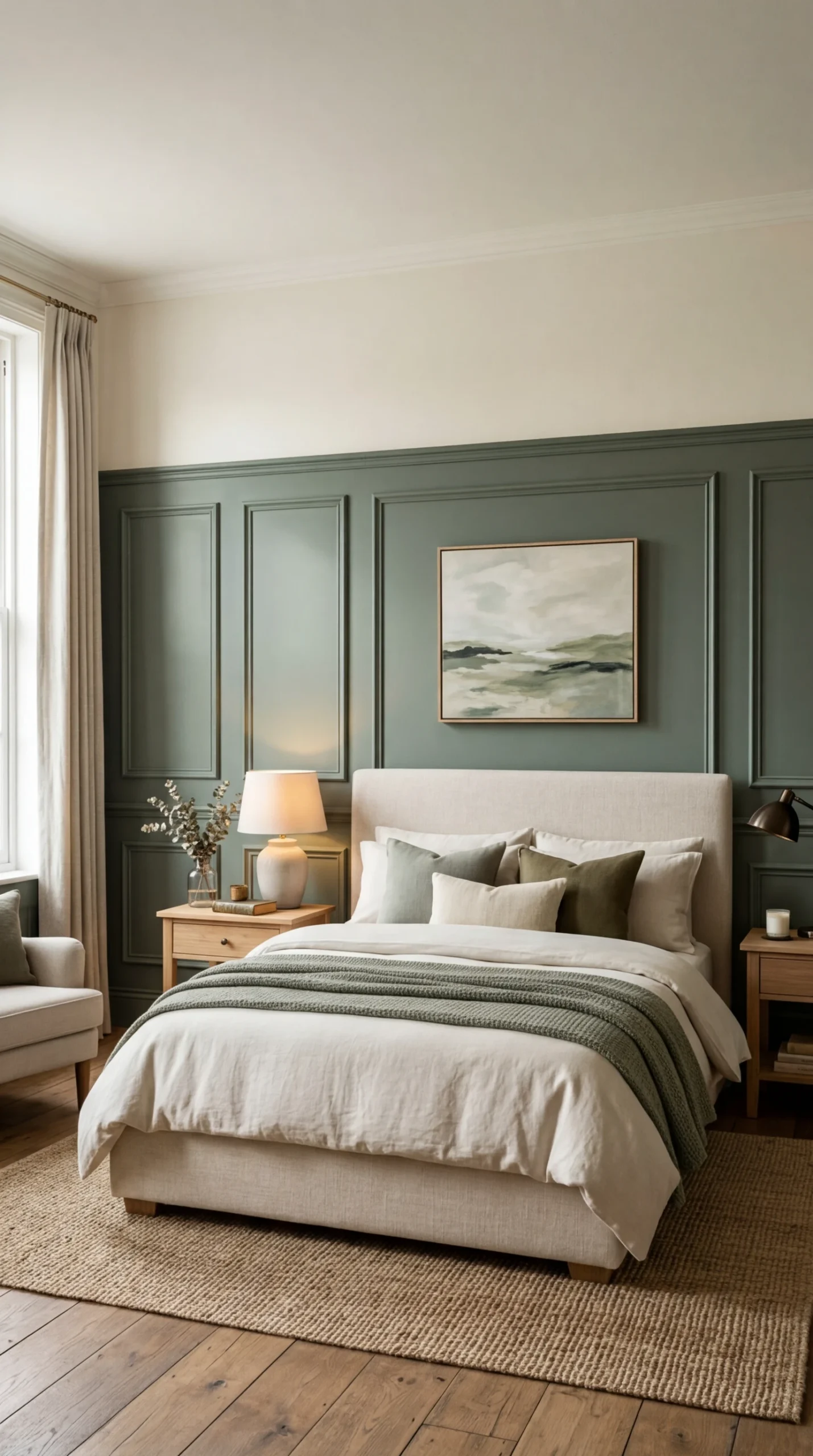 Chambre élégante avec soubassement mural vert sauge