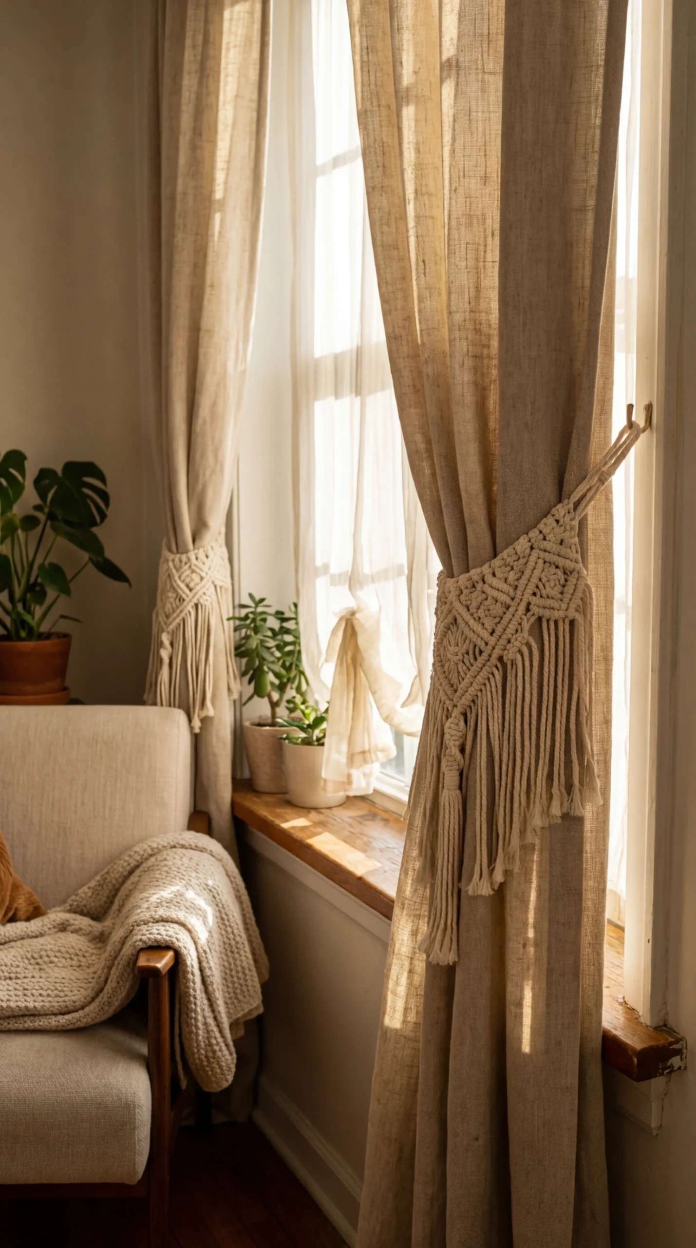 Déco et parfum chambre cocooning : rideaux et embrasses macramé