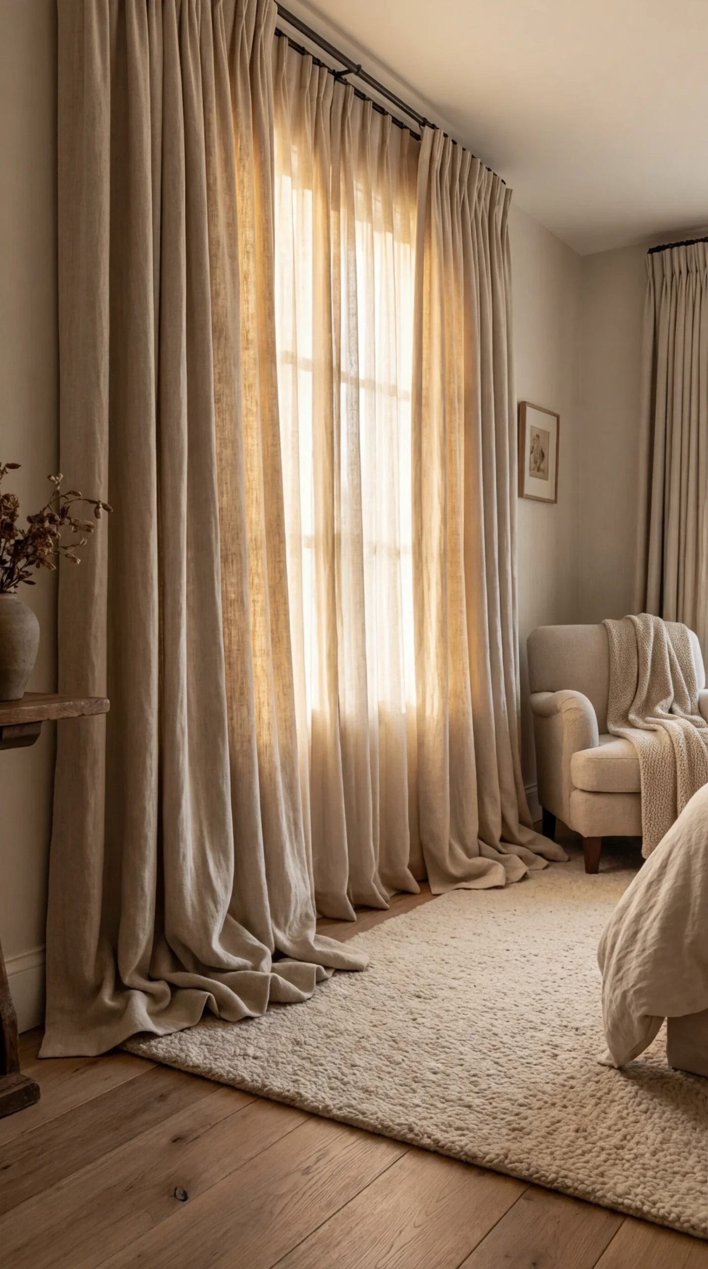 Déco et parfum chambre cocooning : rideau avec tombé cassant au sol