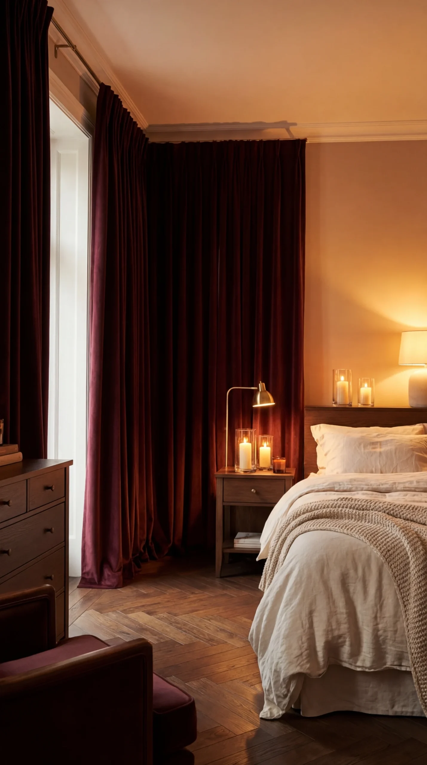 La bougie velours de nuit dans une chambre cocooning bordeaux