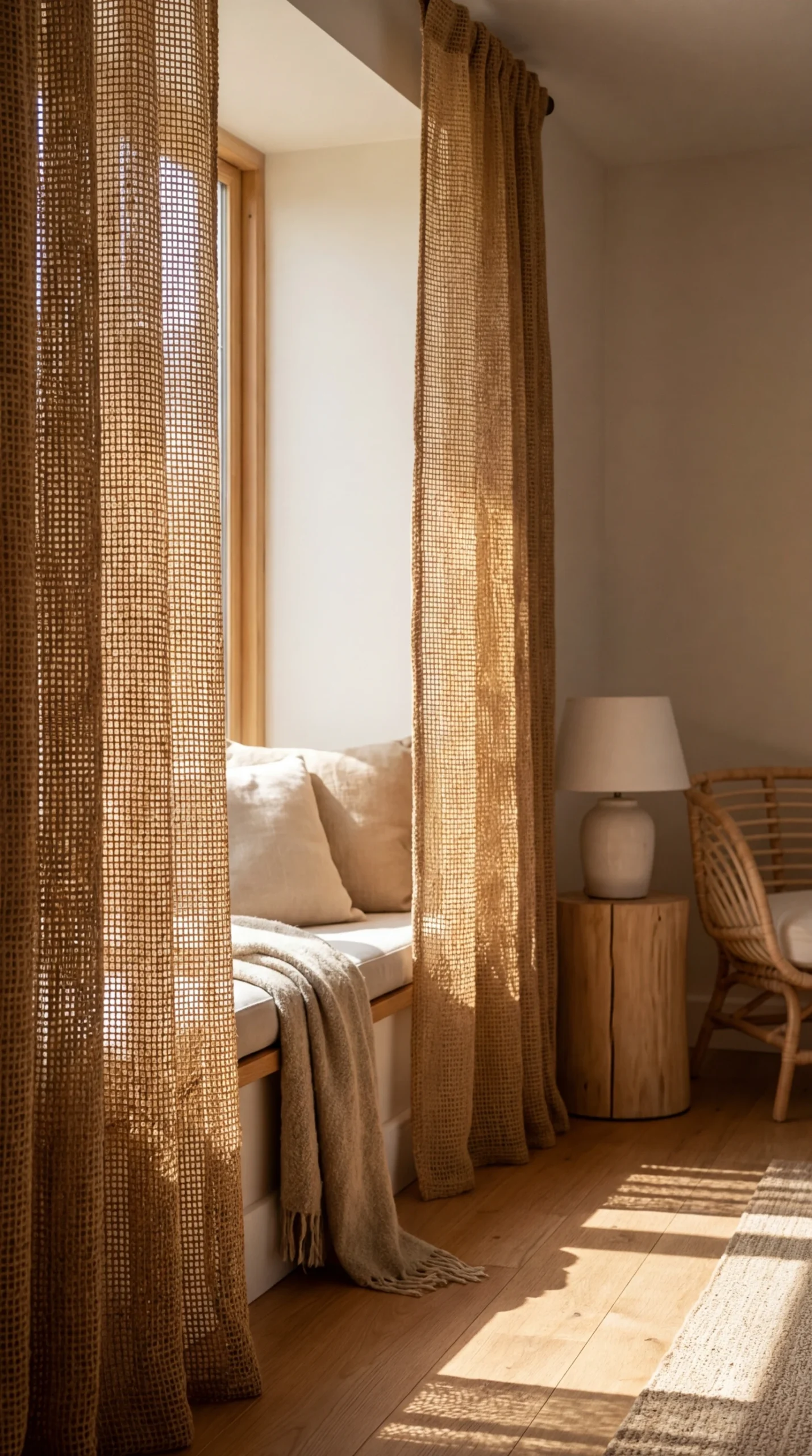 Déco et parfum de chambre cocooning : rideaux en jute naturelle
