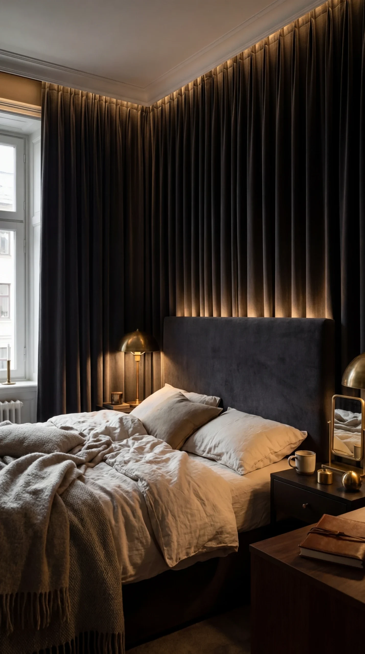La bougie velours de nuit et les rideaux gris pour une chambre cocooning