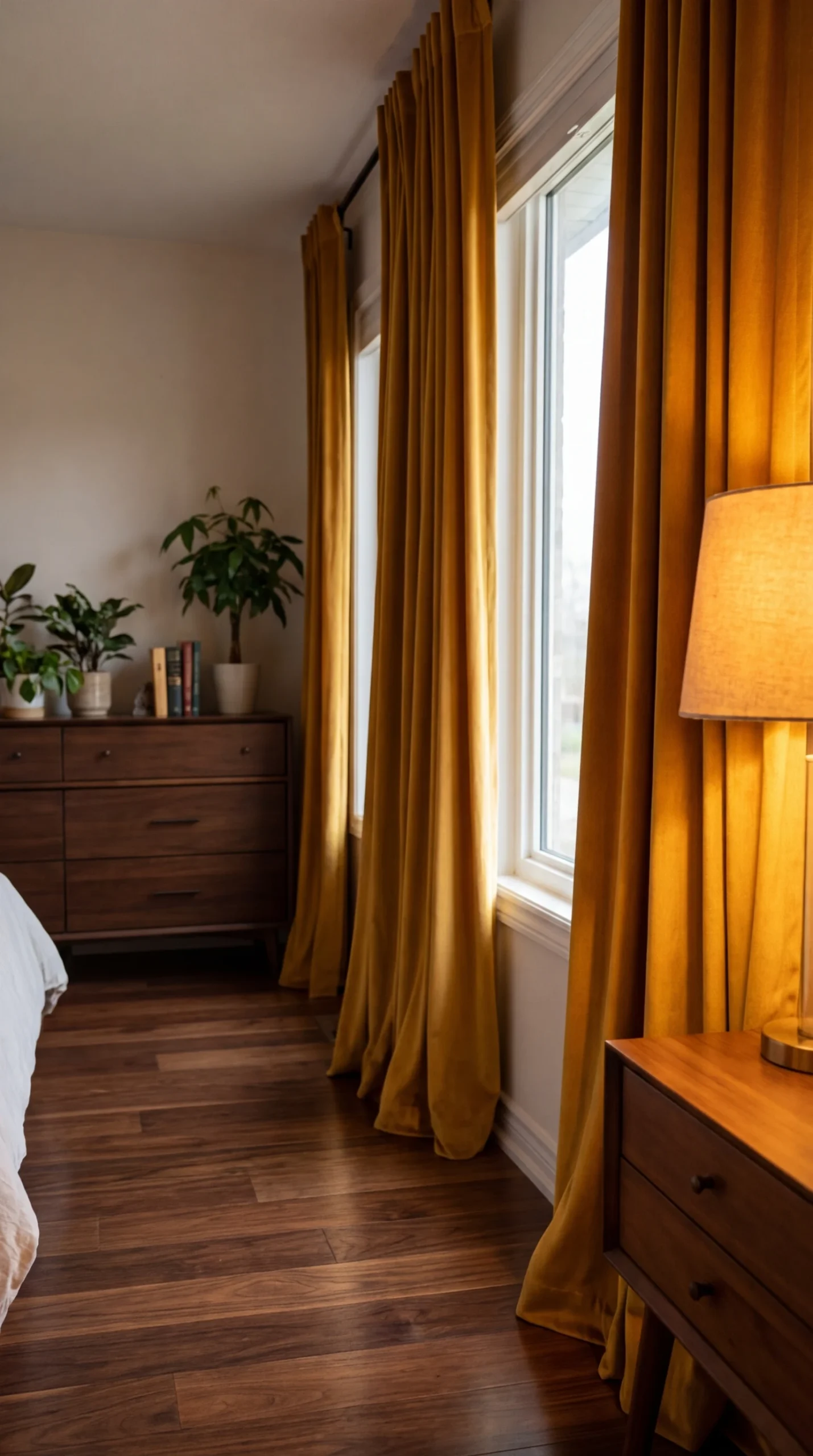 Déco et parfum : rideaux en velours moutarde pour une chambre cocooning