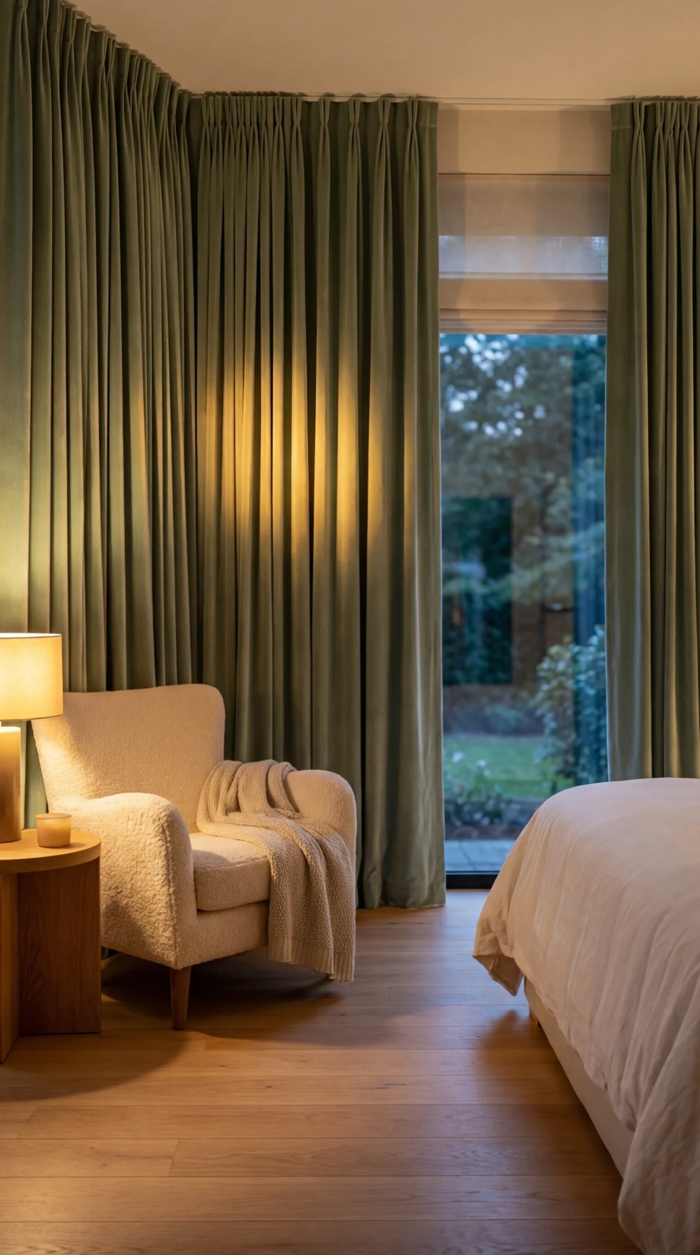 La bougie velours de nuit et les rideaux en velours vert sauge