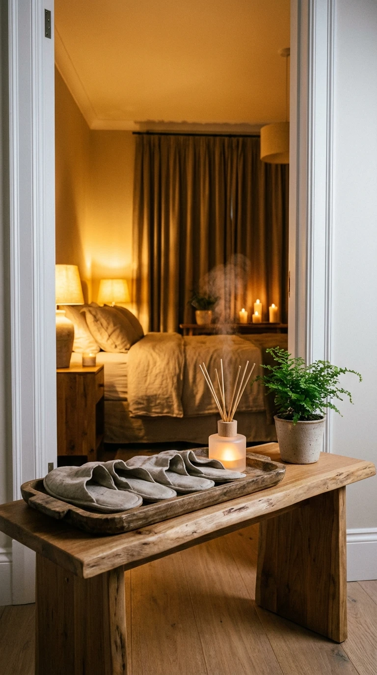 Rituel cocooning : entrée de chambre chaleureuse et apaisante