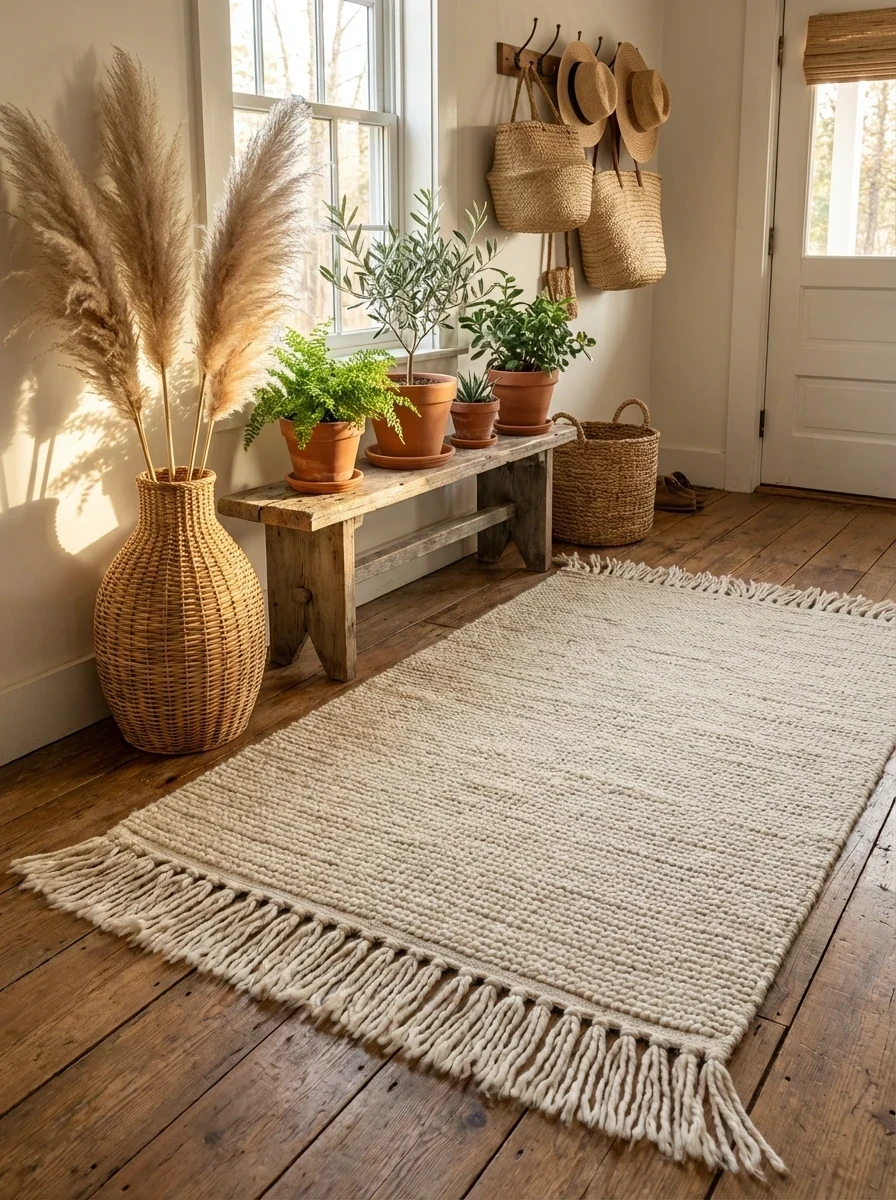 Tapis Bohème Écru à Franges