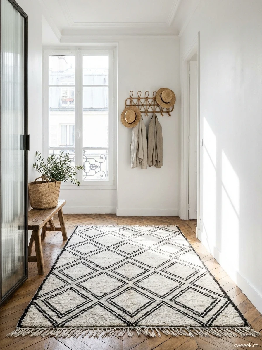 Tapis Berbère Noir et Blanc à Motifs Géométriques