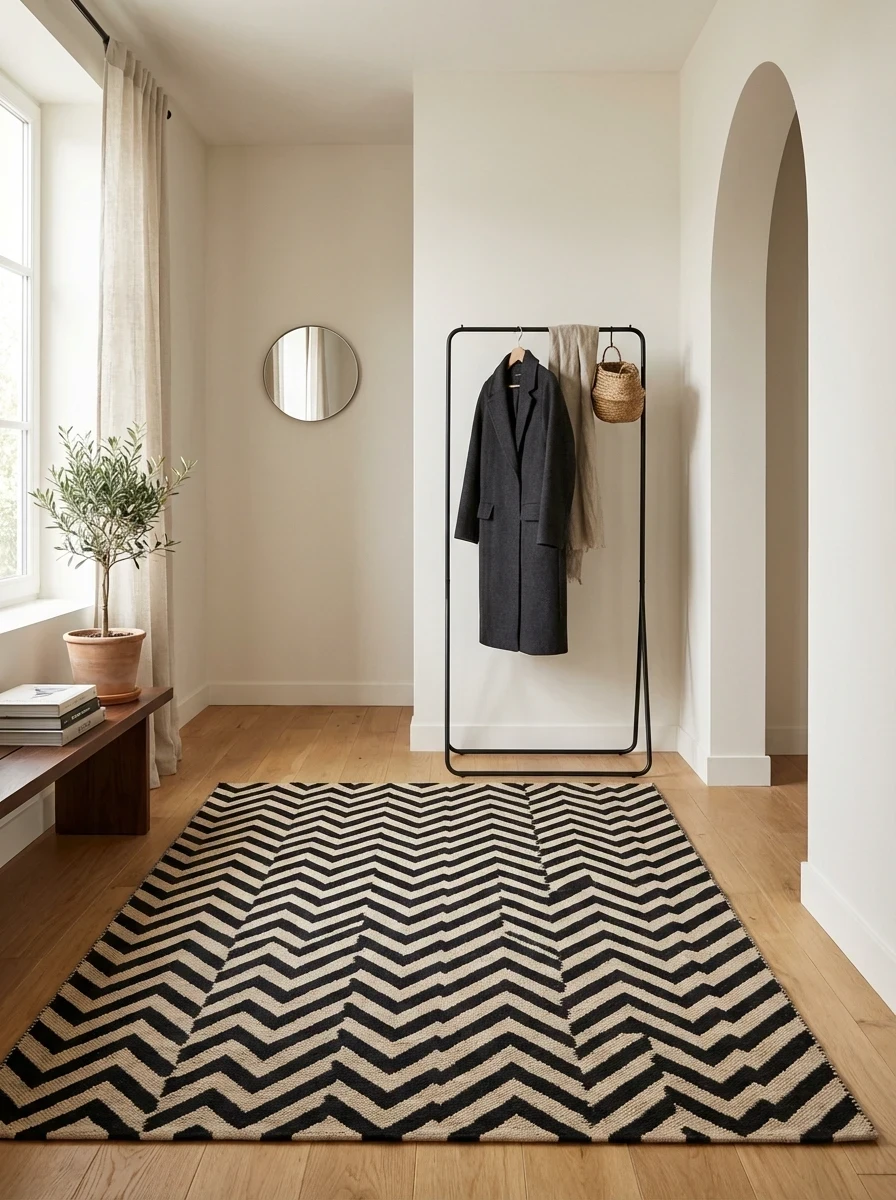 Tapis à Motifs Chevrons Noir et Beige