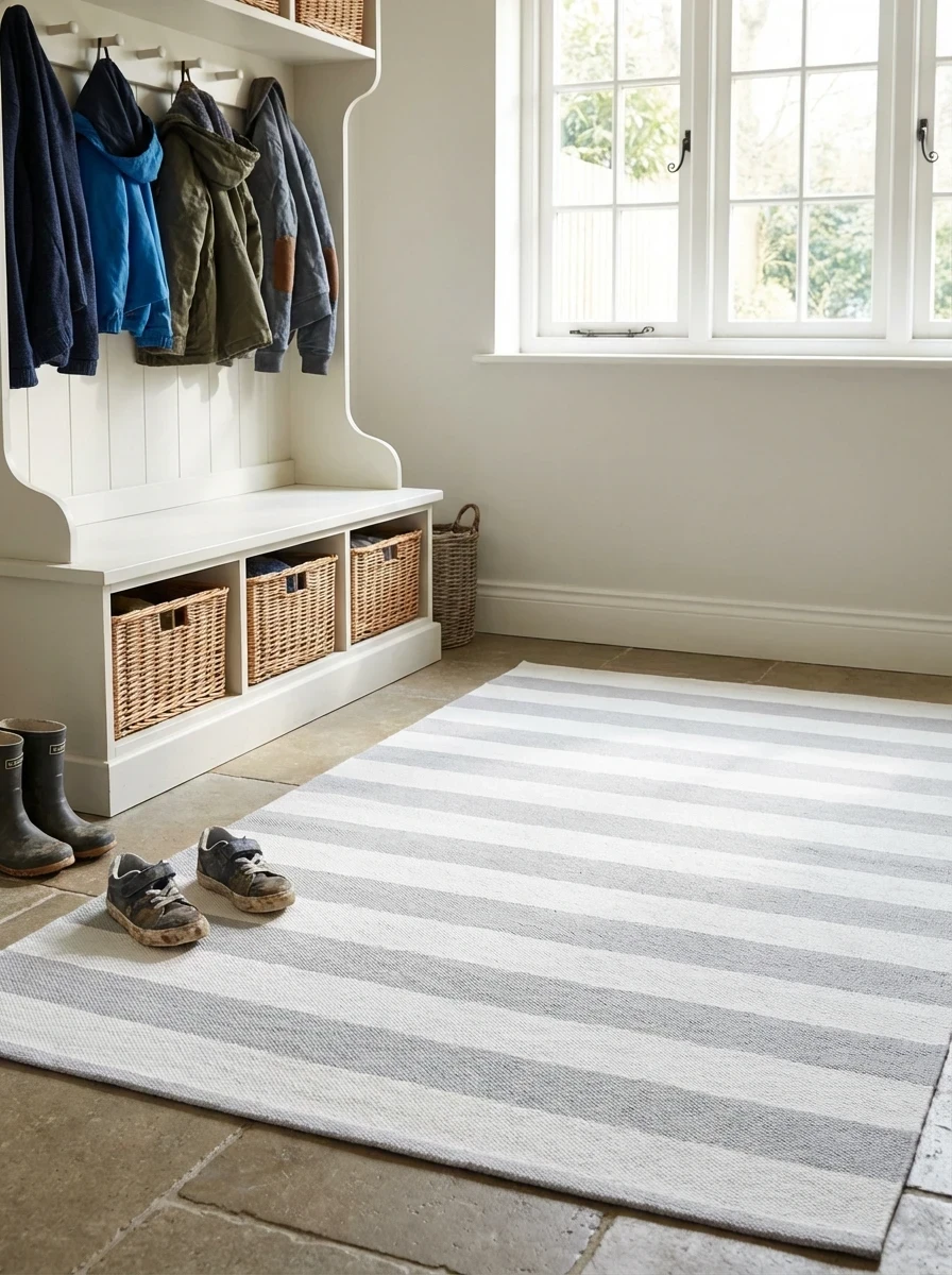 Tapis en coton rayé gris et blanc lavable en machine