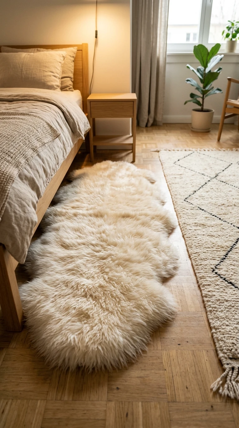 Tapis en peau de mouton et tapis berbère : ambiance chambre chaleureuse