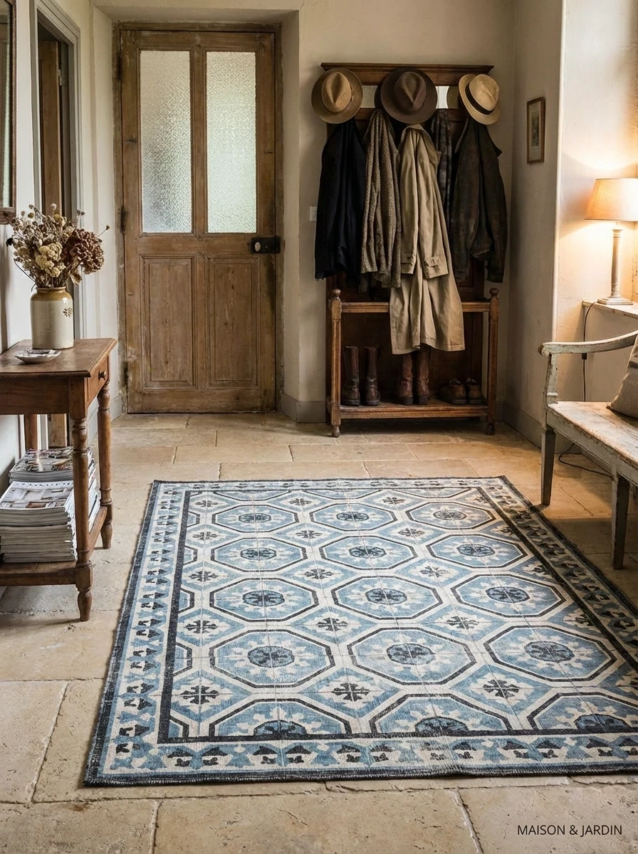 Tapis Imprimé Carreaux de Ciment Bleu et Blanc