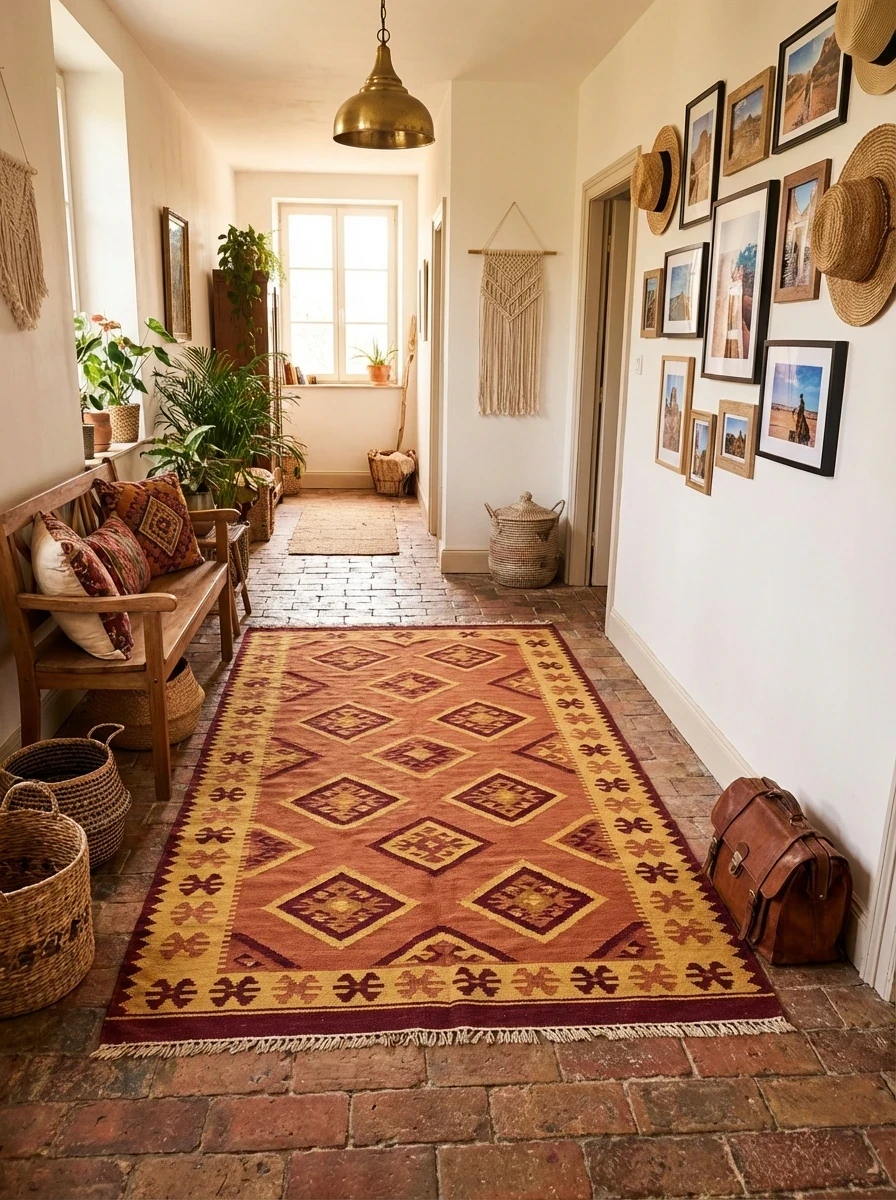 Tapis Kilim Artisanal Multicolore à Motifs Géométriques