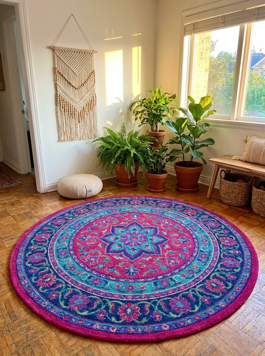 Tapis Mandala Rond Rose et Bleu