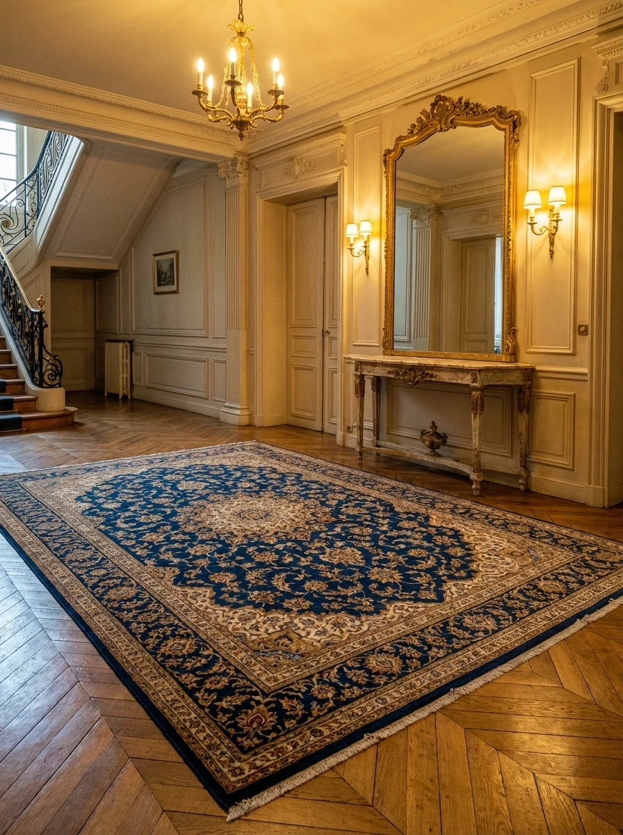 Tapis Oriental Bleu Profond dans un Salon de Prestige