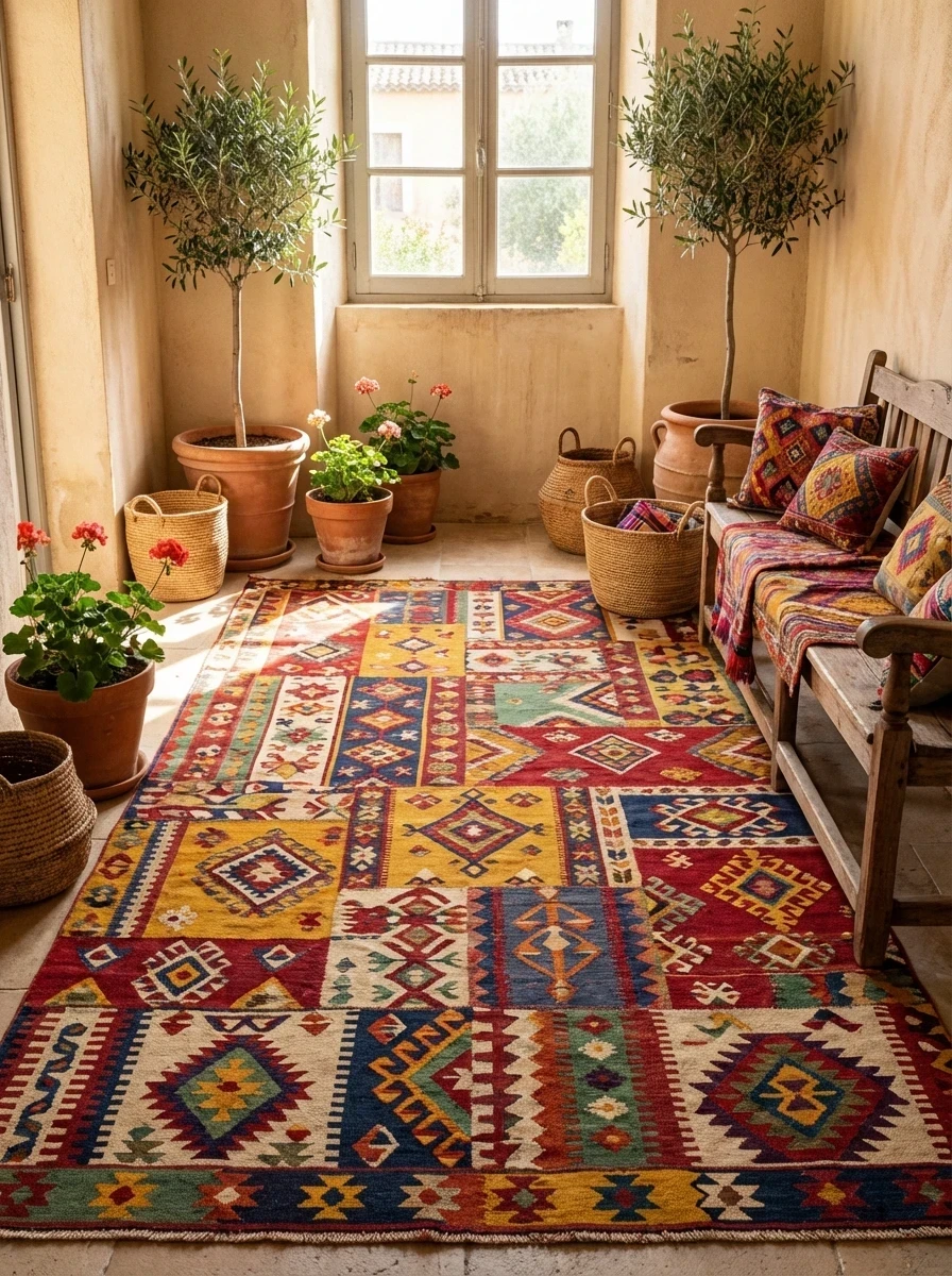 Tapis Kilim Patchwork Multicolore Style Bohème