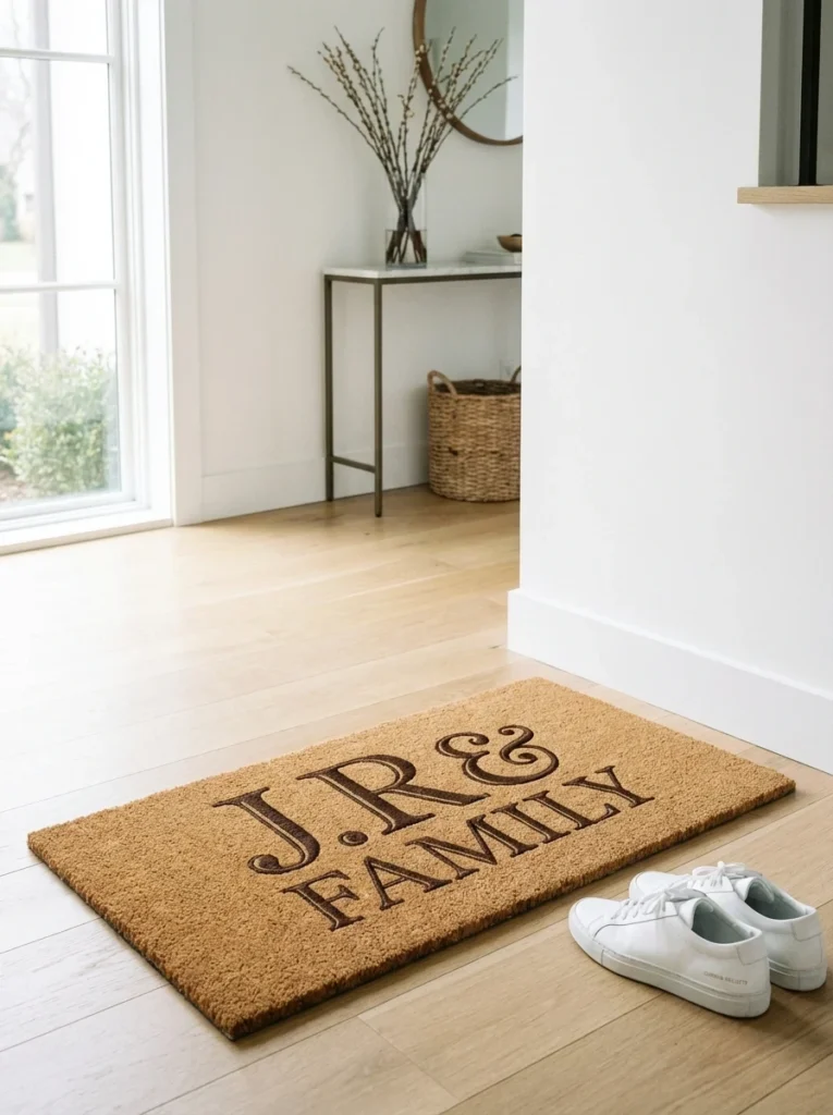 Paillasson en coco personnalisé avec l'inscription J.R. & FAMILY posé dans une entrée moderne.