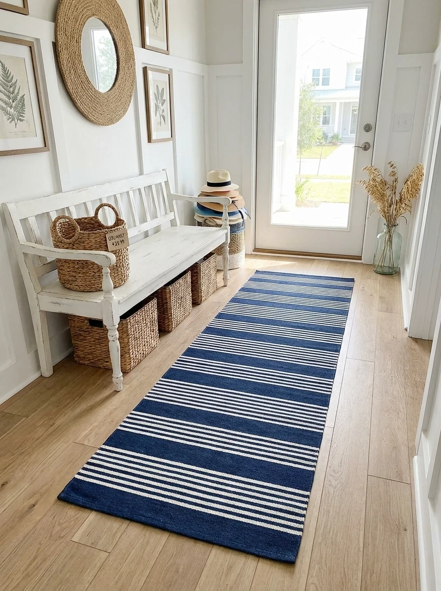 Tapis de couloir rayé bleu marine et blanc