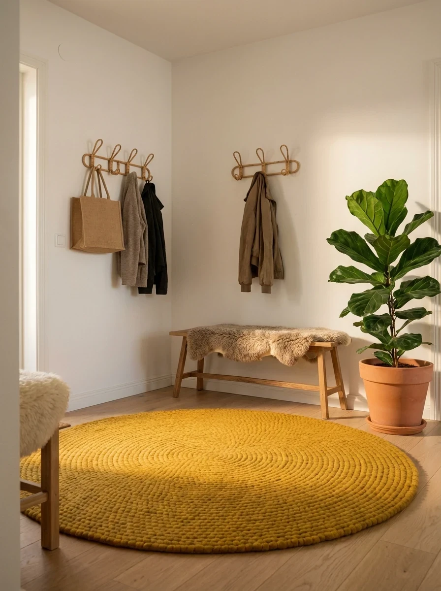 Tapis Rond en Laine Feutrée Jaune Moutarde