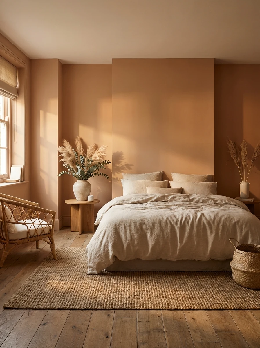 Chambre Minimaliste aux Tons Terracotta et Naturels