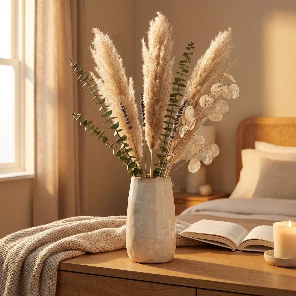 Vase en céramique avec bouquet de fleurs séchées