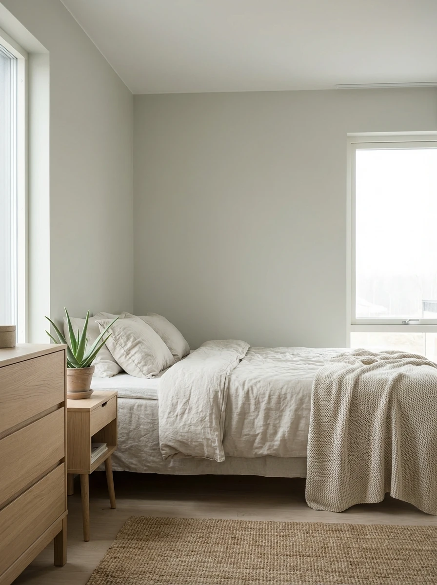 Chambre aux murs vert sauge pâle et décor naturel