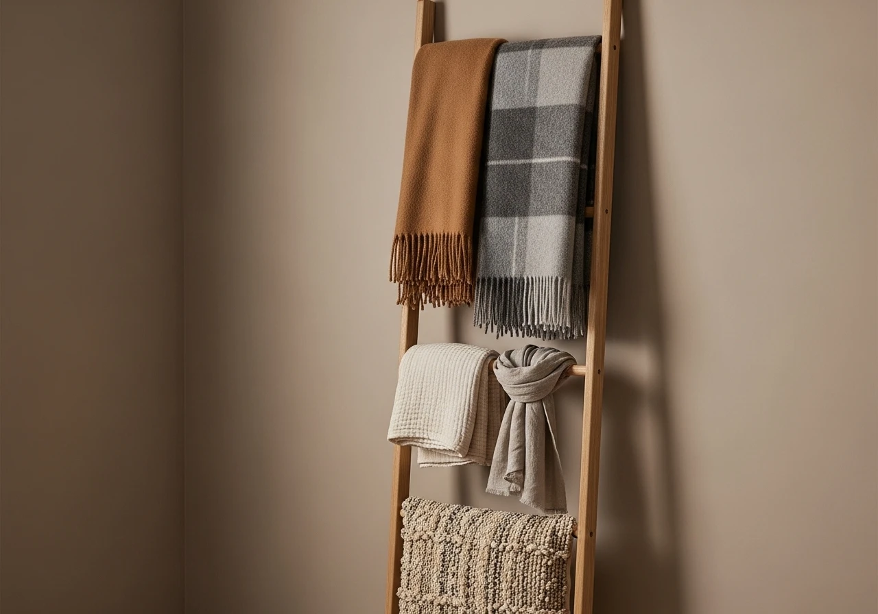 Échelle décorative en bois : rangement textile vertical