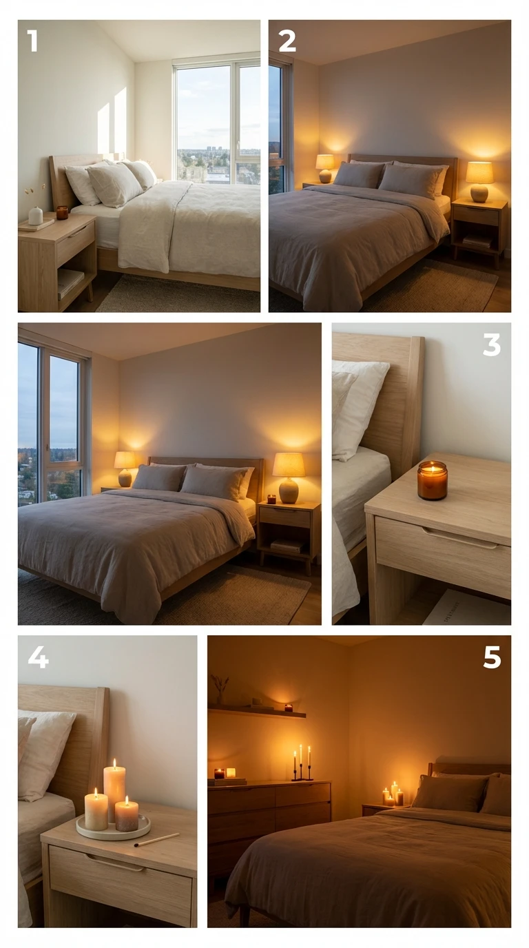 Rituel du soir avec bougies dans une chambre minimaliste