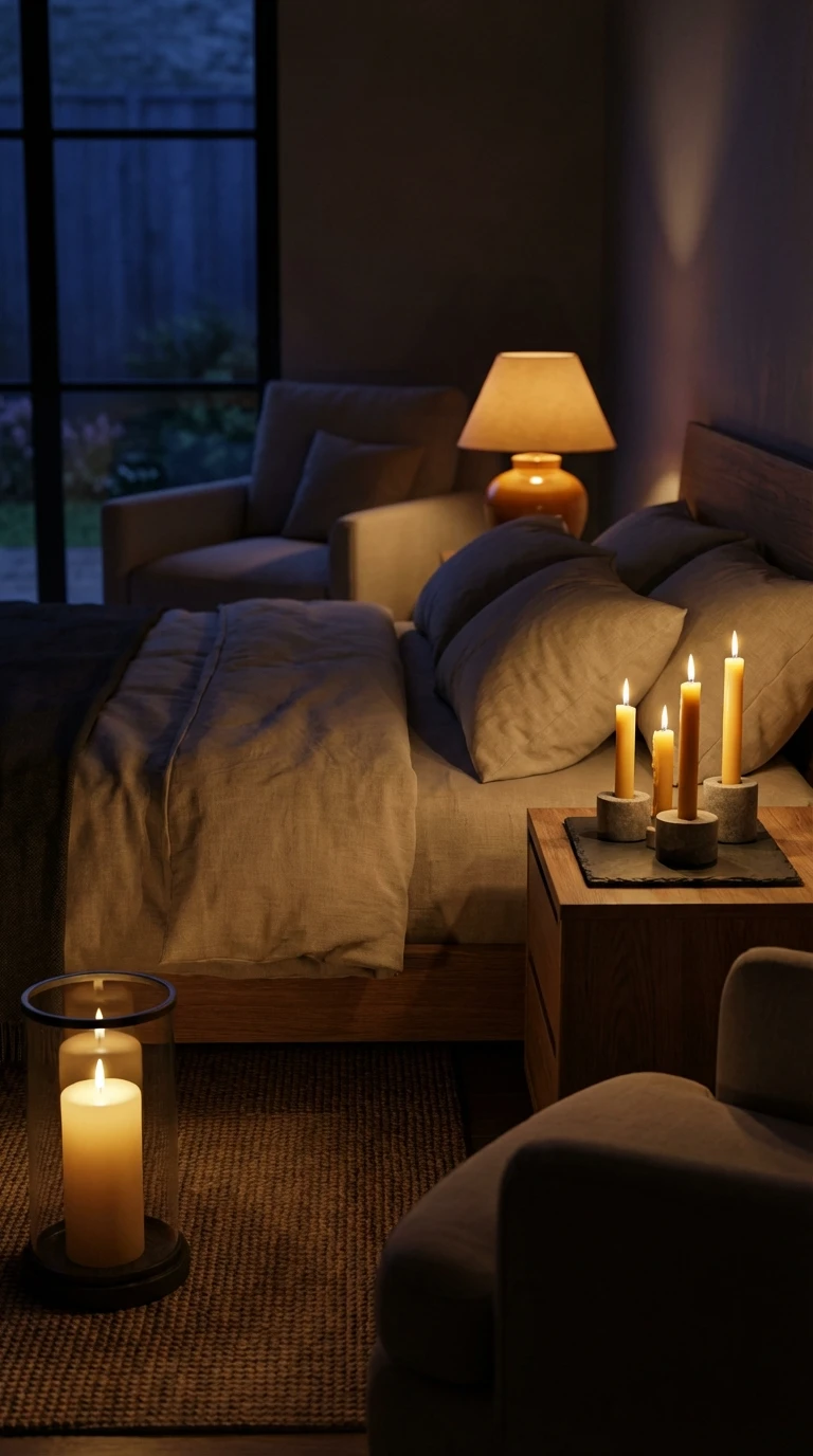 Éclairage zen : bougies et ambiance tamisée dans une chambre