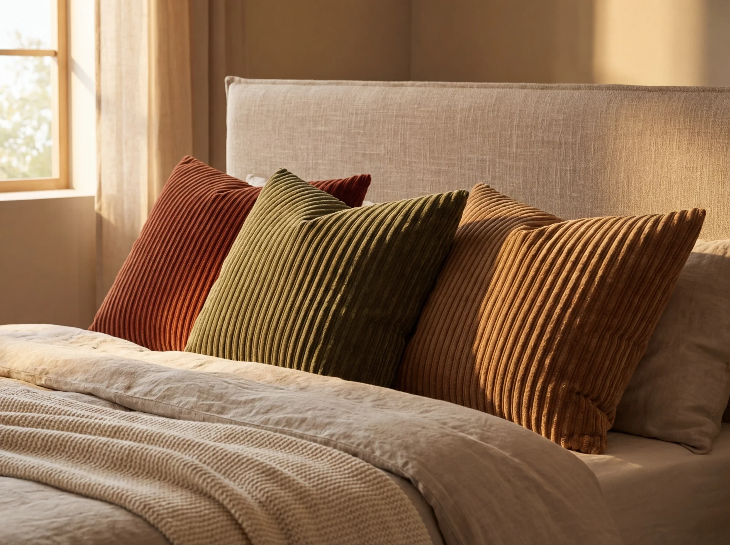 Parfum chambre cocooning et déco : coussins en velours côtelé