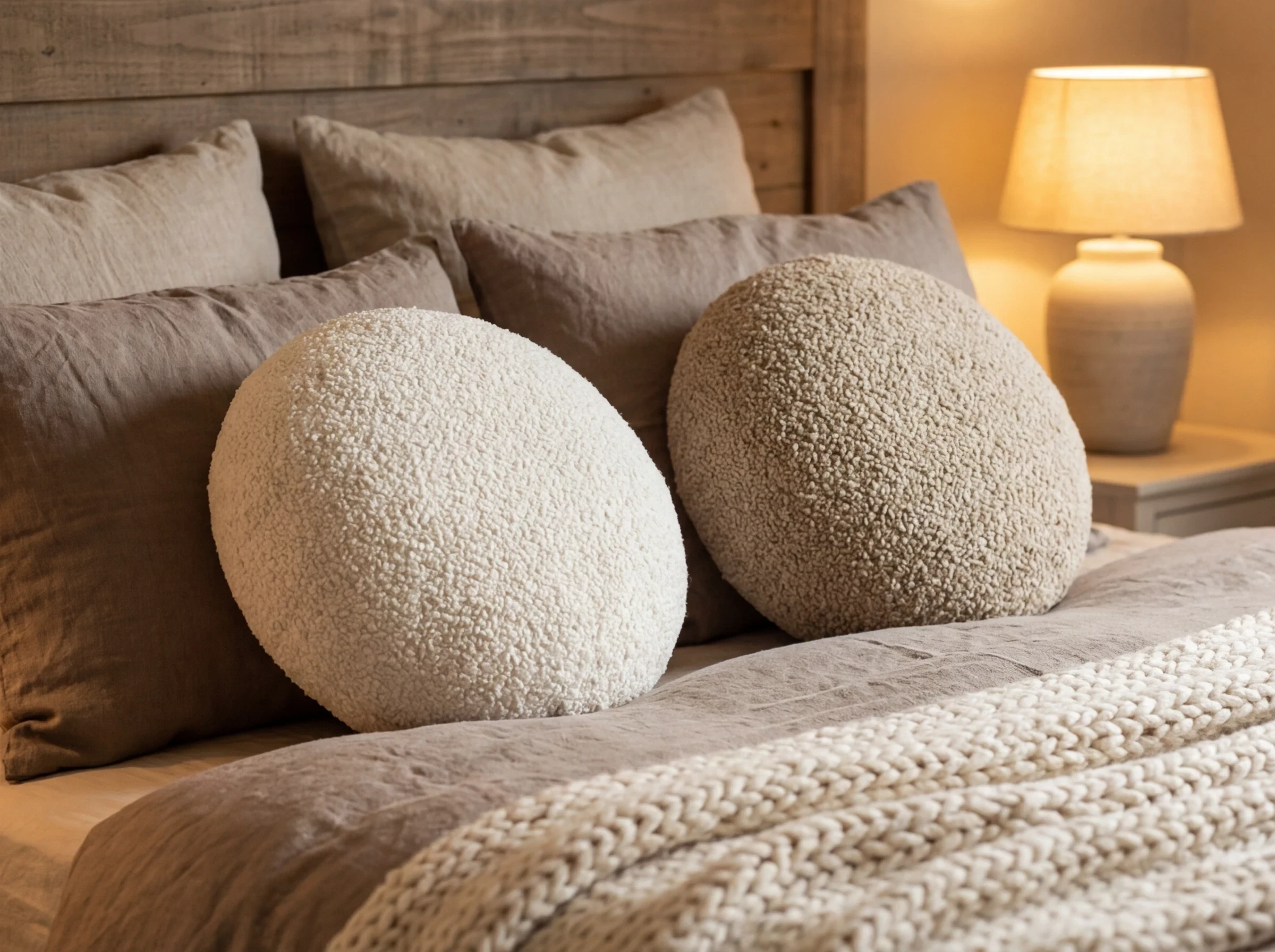 Décoration de chambre cocooning et coussins ronds en bouclette