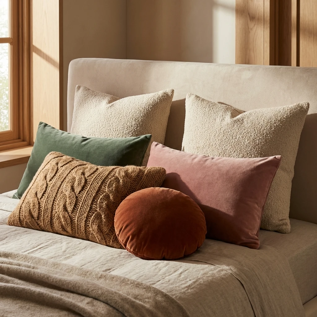 Coussins décoratifs texturés en superposition