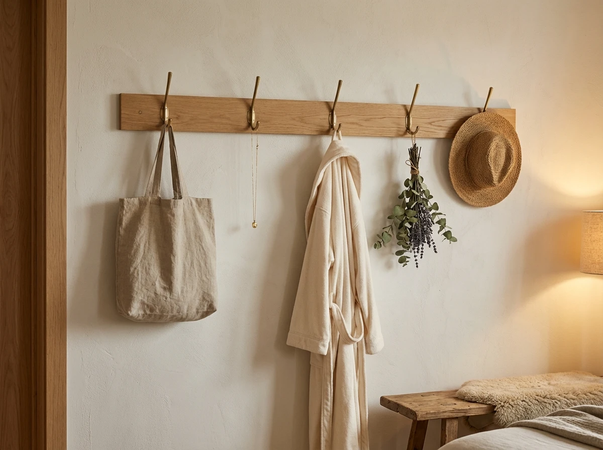 Patère murale en bois et crochets en laiton pour le rangement