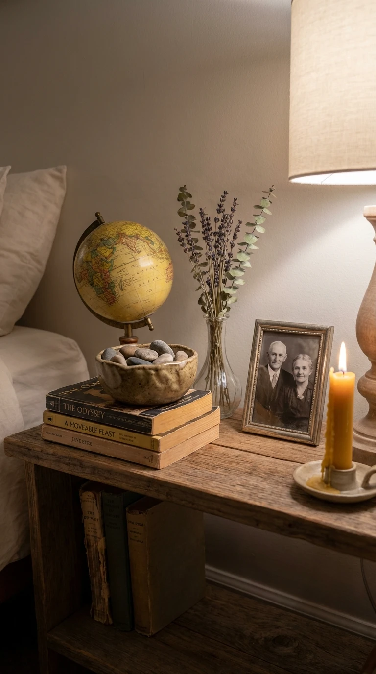 Étagère rustique avec objets vintage et souvenirs