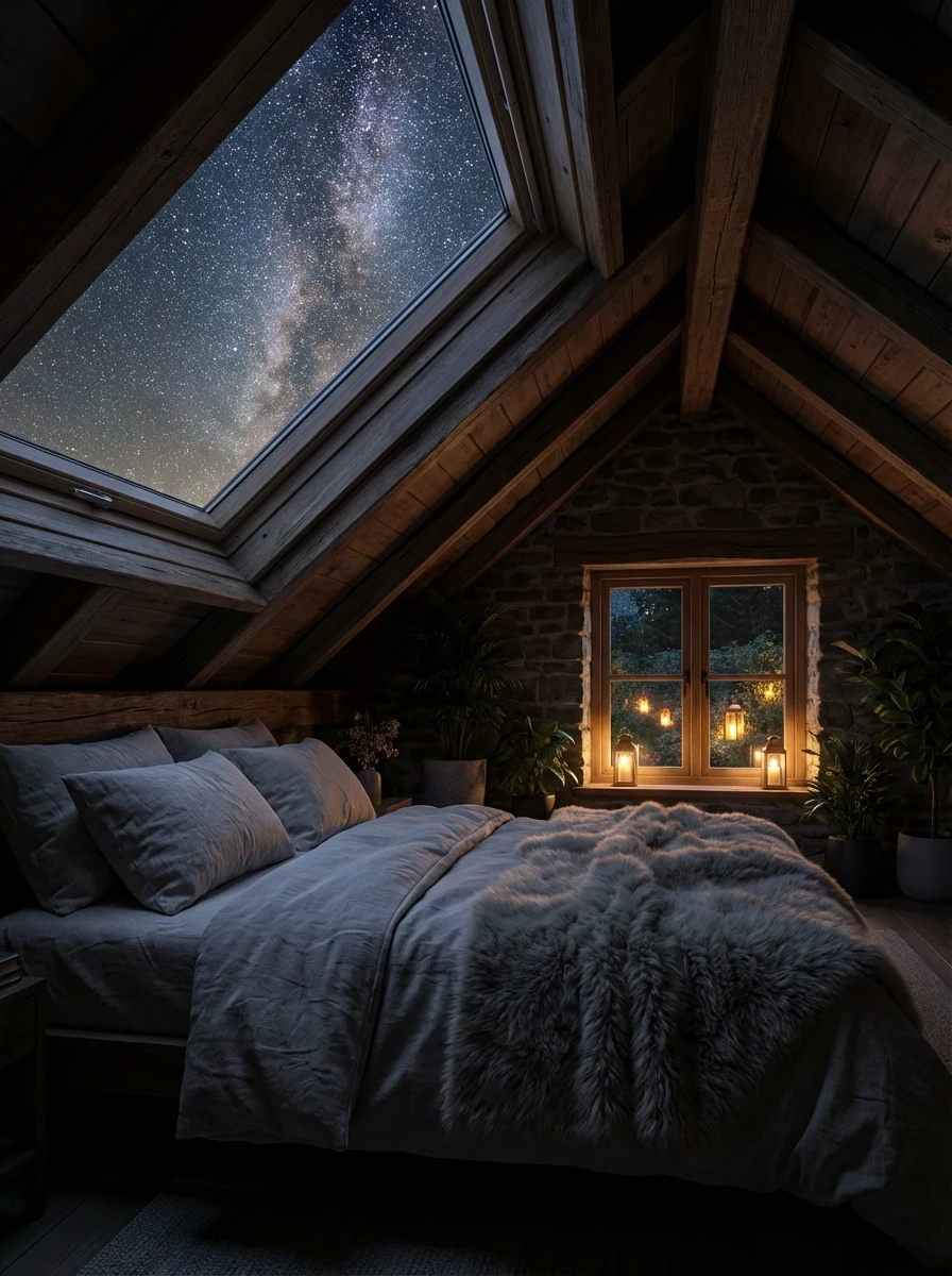 Chambre sous les combles : vue sur les étoiles et le jardin