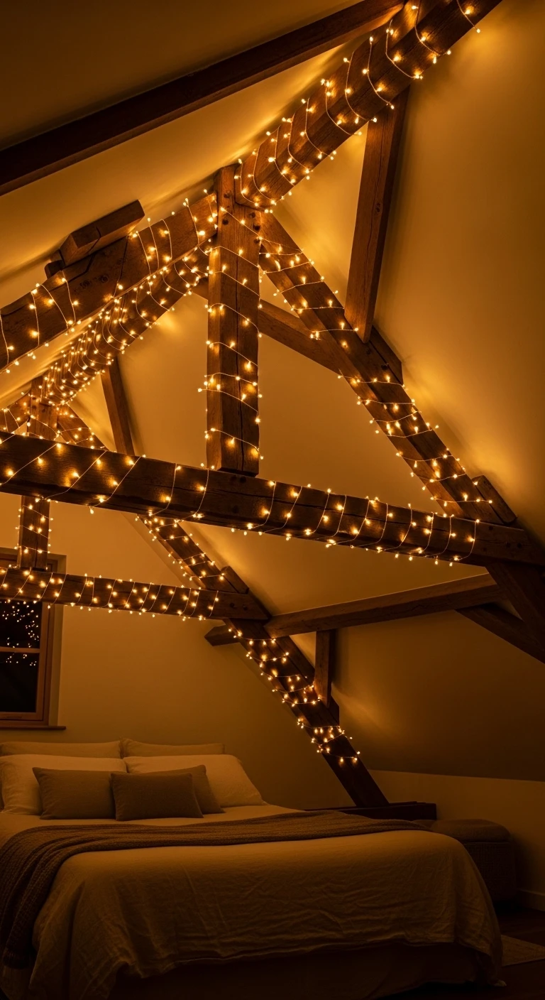 Guirlandes lumineuses sur poutres : magie nocturne en chambre