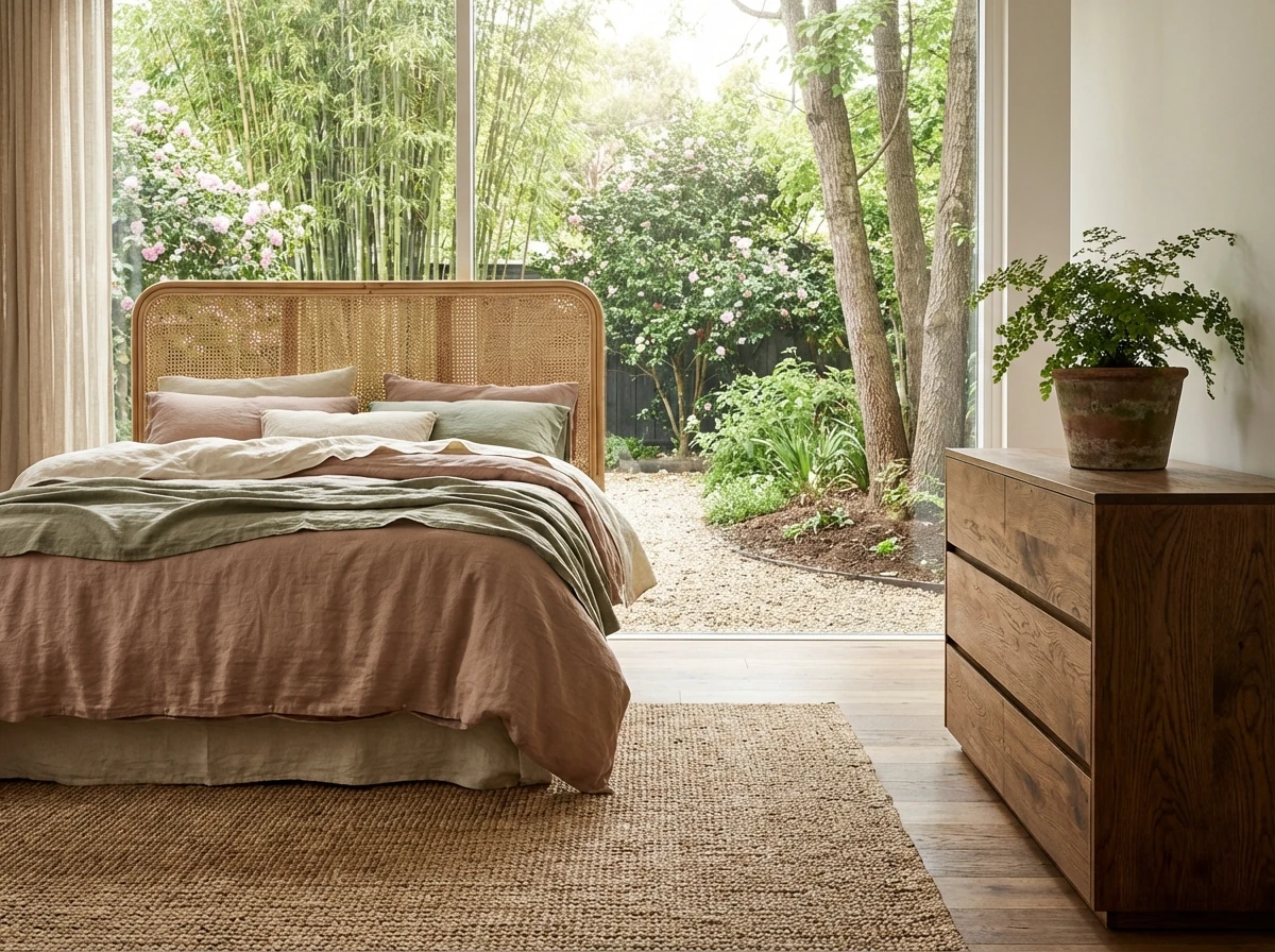 Décoration de chambre en matières naturelles : bois, rotin et jute