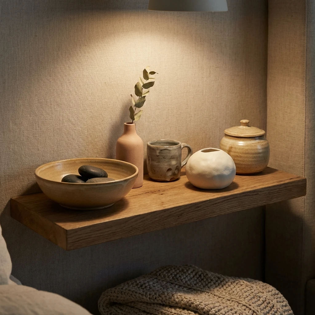 Objets en céramique artisanale sur étagère en bois