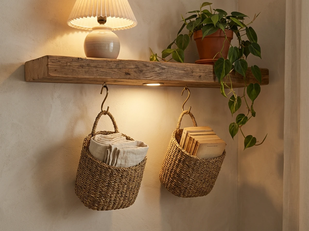 Paniers suspendus sous une étagère en bois rustique