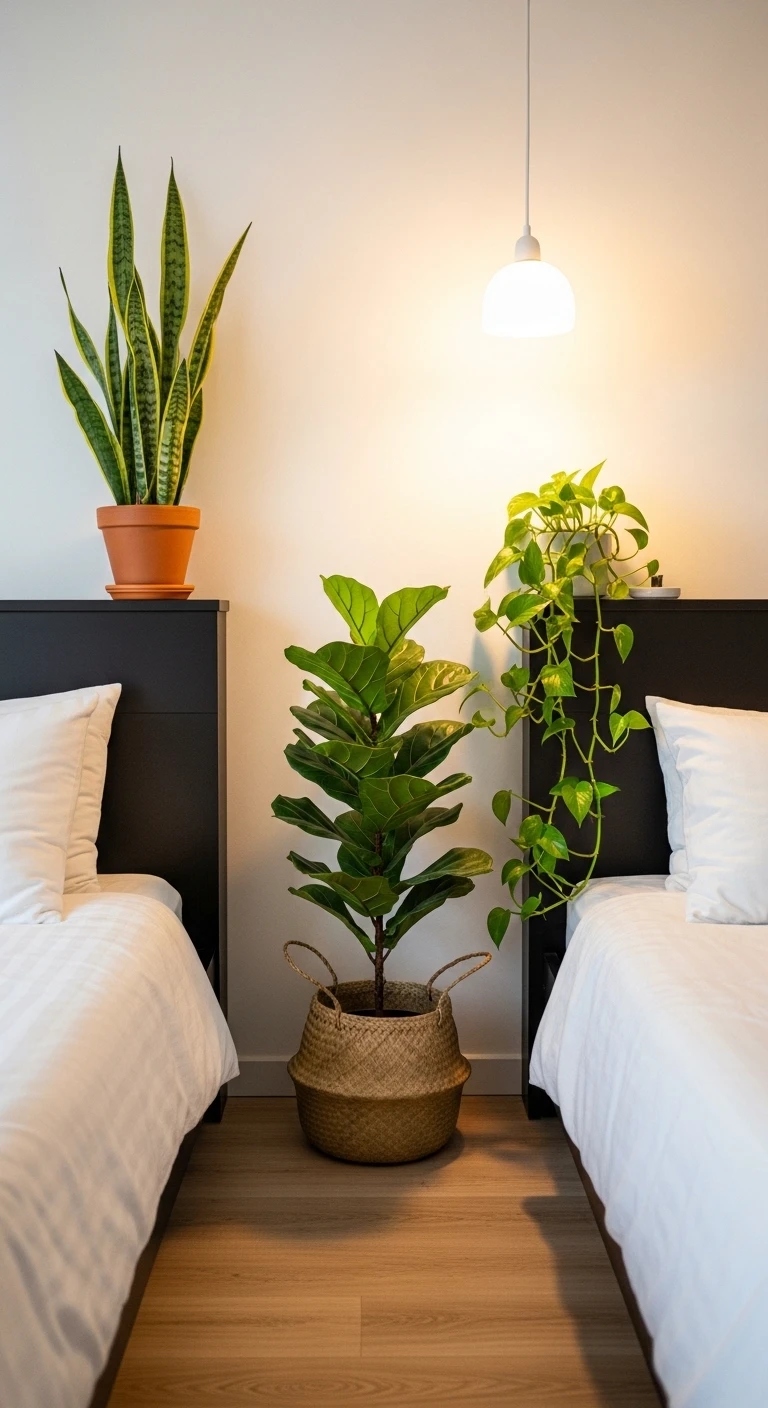 Chambre avec deux lits blancs, un Ficus lyrata, une Sansevieria et un Pothos retombant sous une lampe.