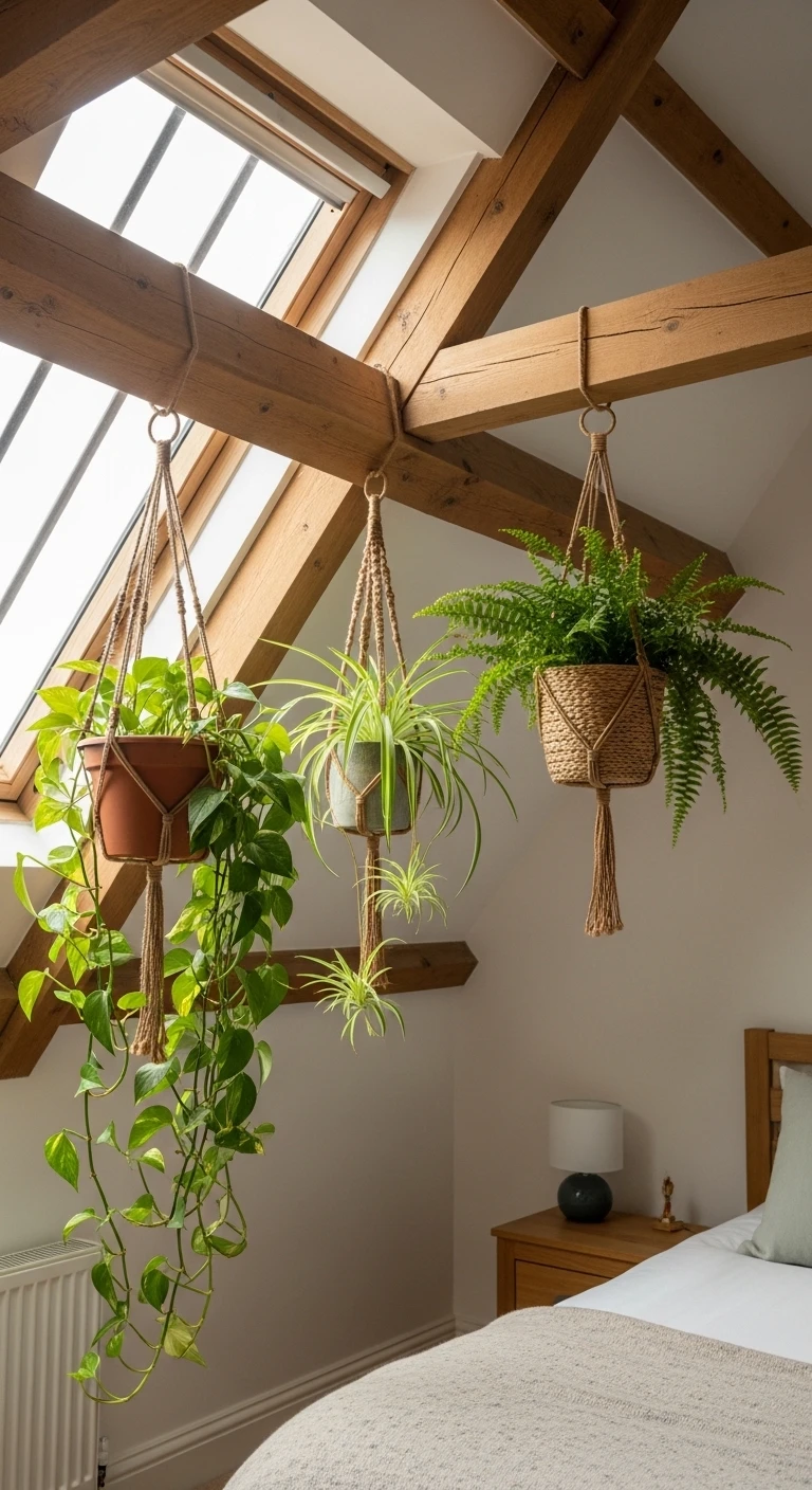 Plantes suspendues aux poutres : décoration végétale sous combles