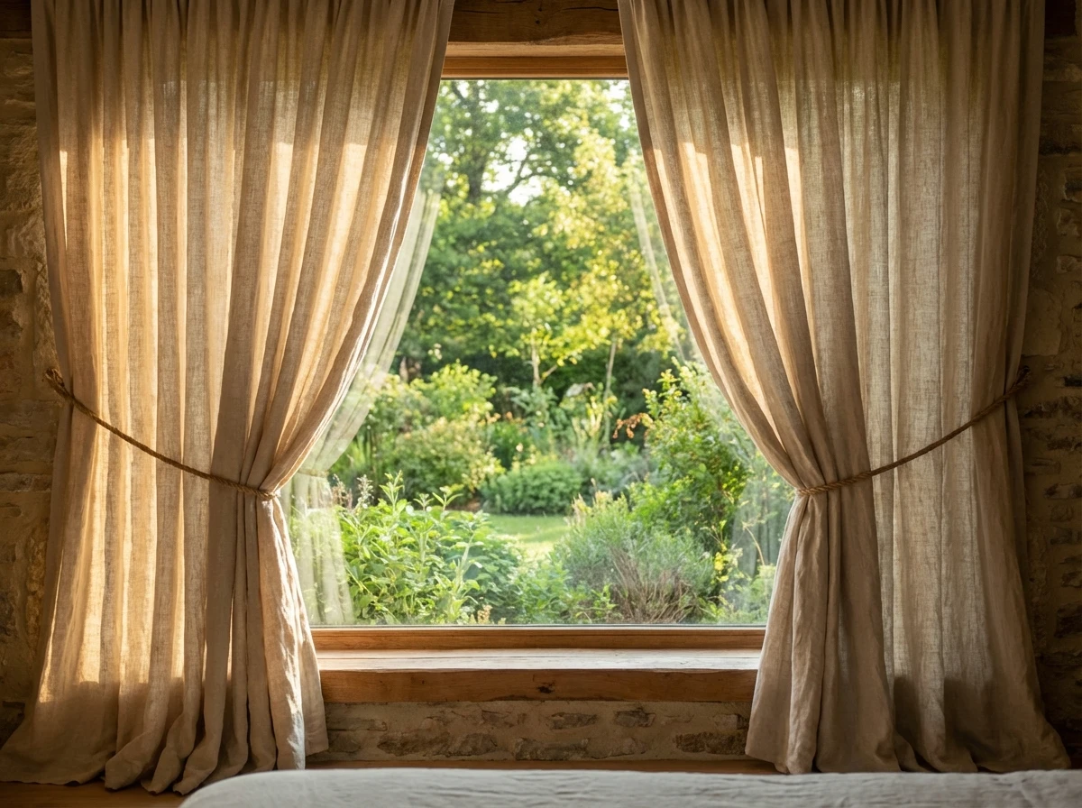 Rideaux en lin naturel encadrant une vue sur jardin