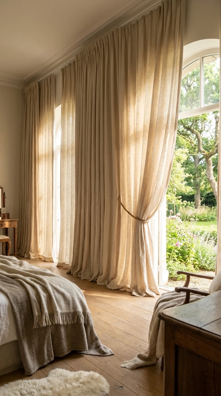 Rideaux longs en lin beige tombant au sol
