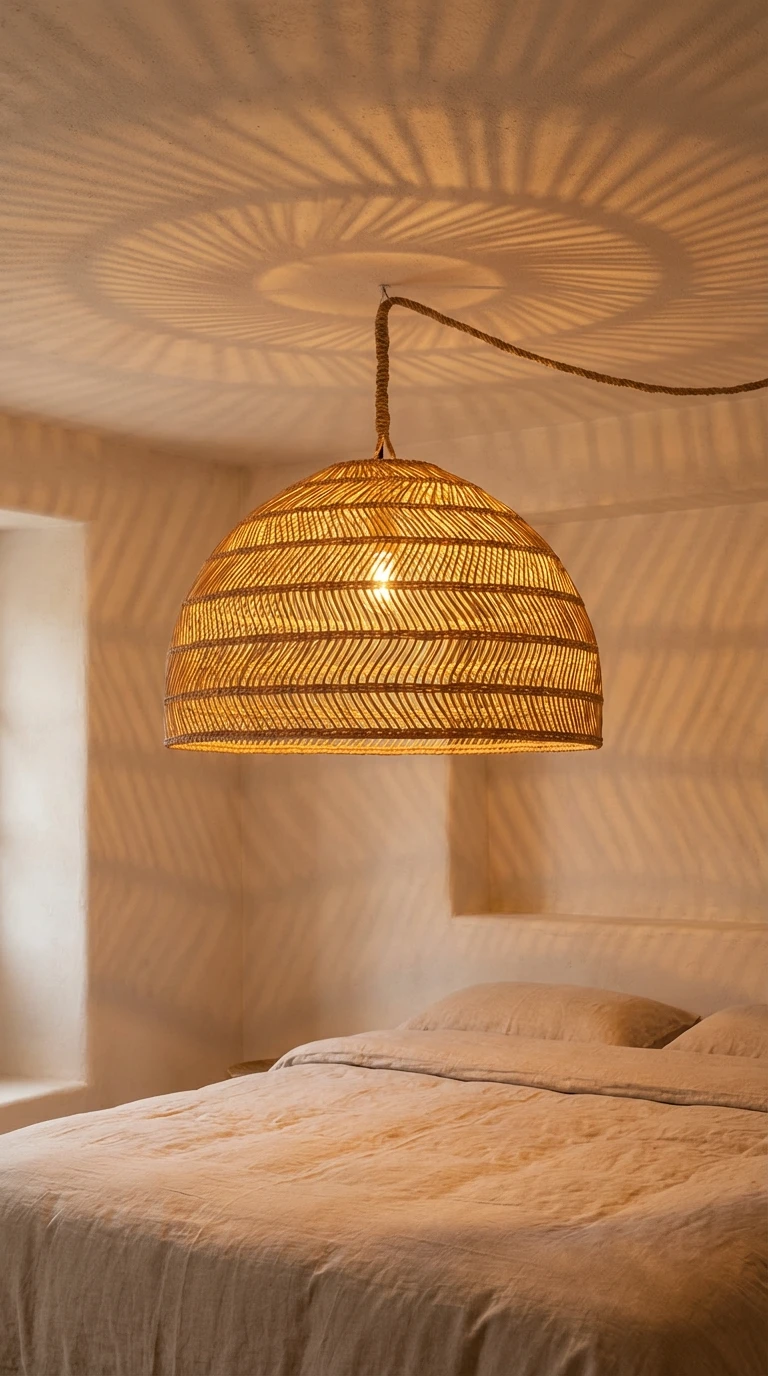 Suspension en rotin et jeux d'ombres dans une chambre