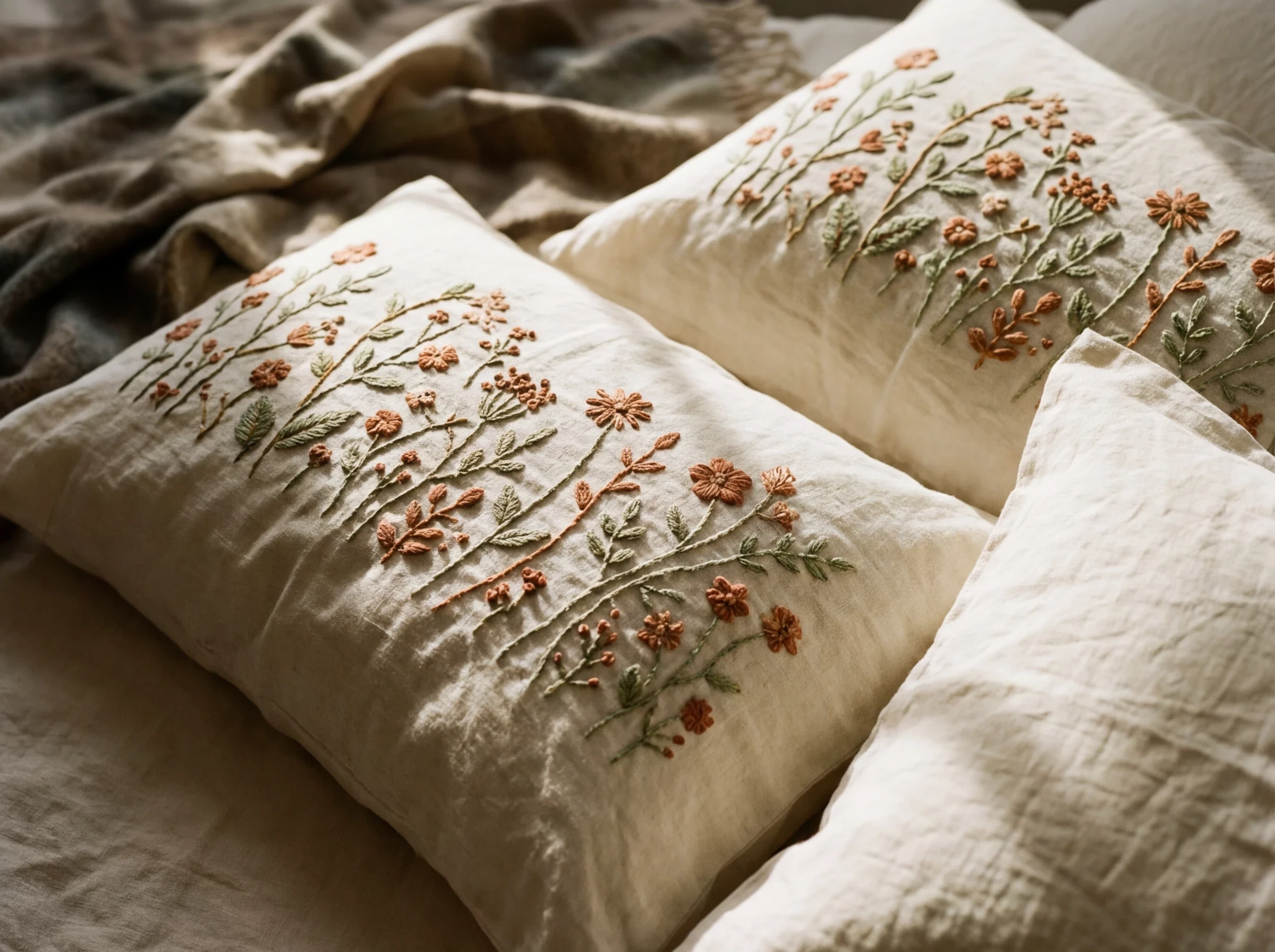 Linge de lit et taies d'oreiller brodées à la main