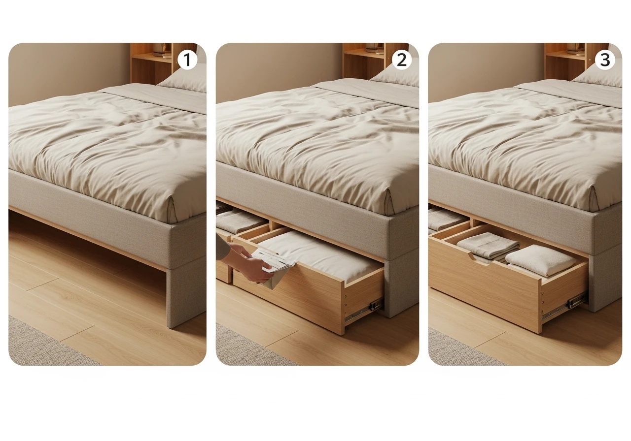 Optimisation de l'espace : tiroirs sous le lit sur roulettes