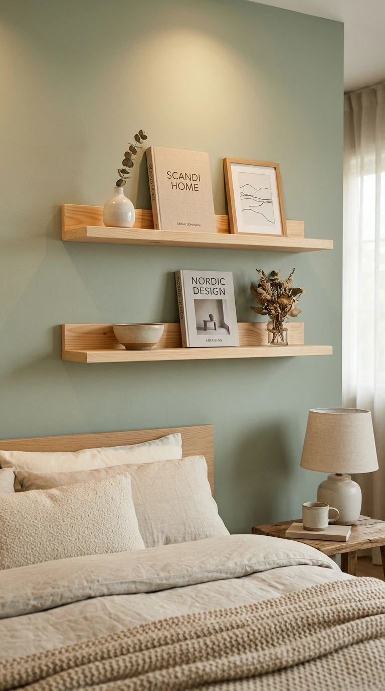 Étagères murales en pin ou bouleau : rangement sobre et décoration scandinave en chambre