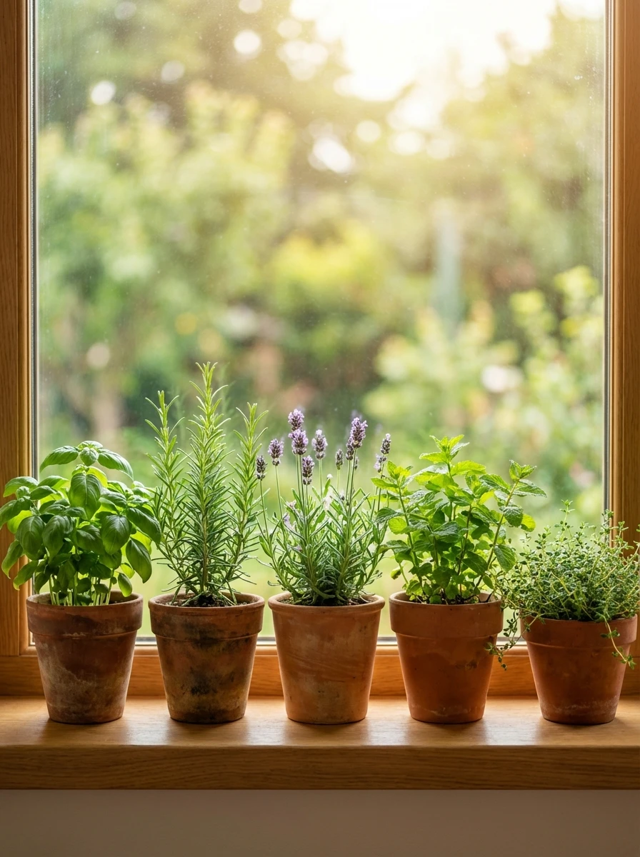 Herbes aromatiques en pots sur un rebord de fenêtre