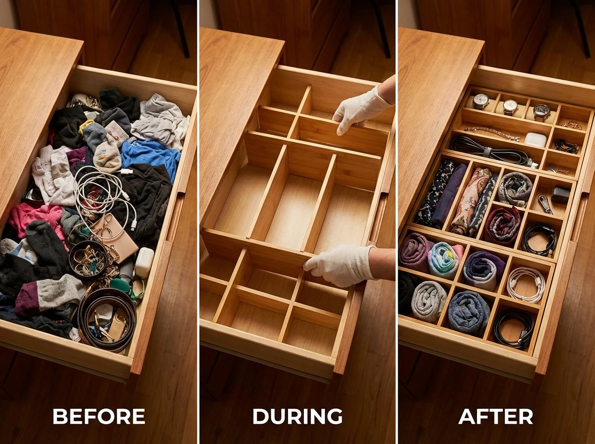 Organisateur de tiroir en bambou : avant et après le rangement